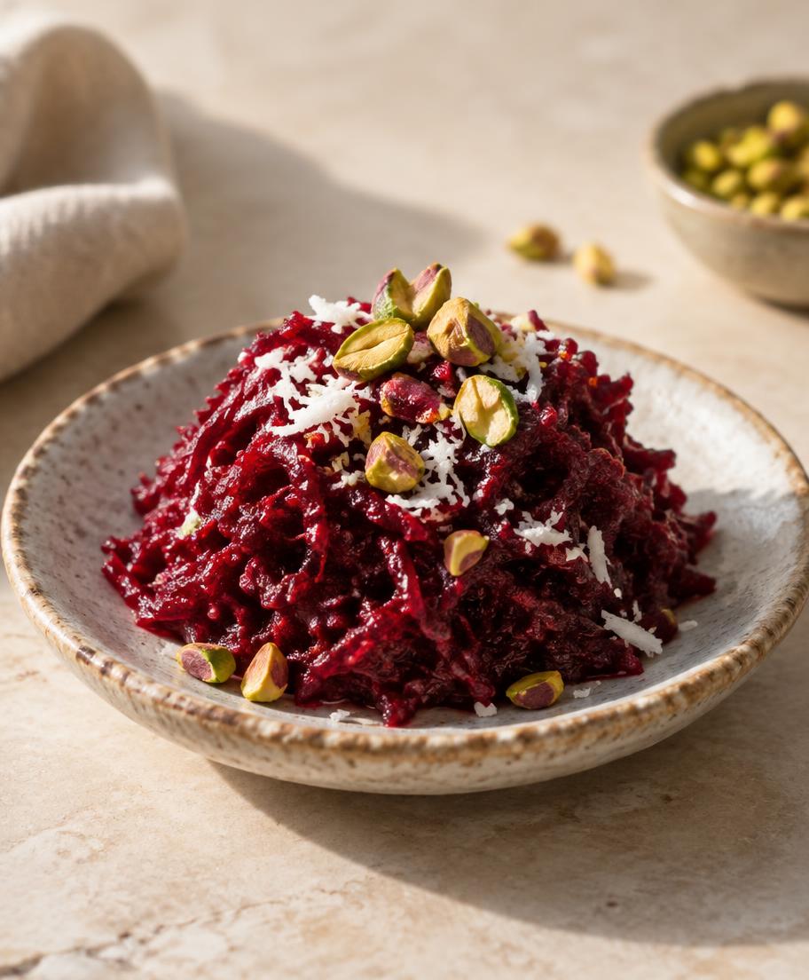 Raw beet halwa with coconut and pistachios