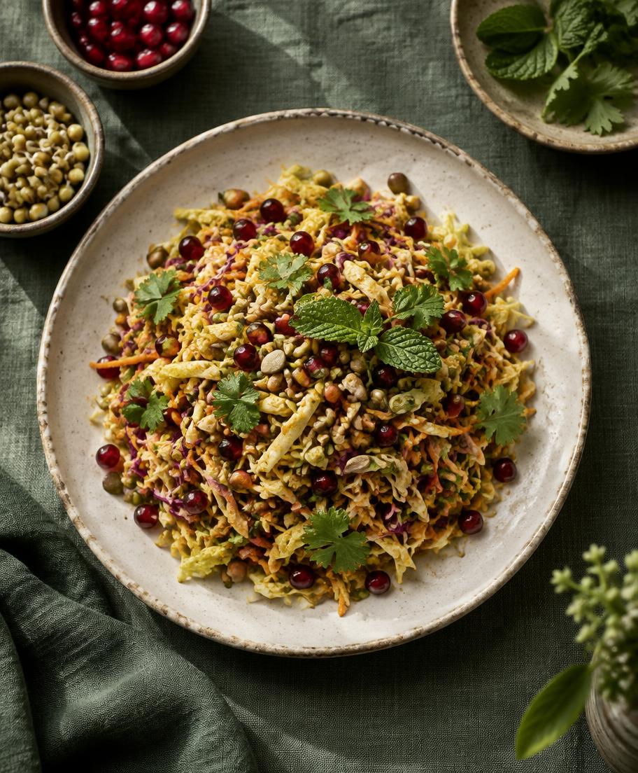 Raw cabbage biryani with herbs, sprouts, and pomegranate