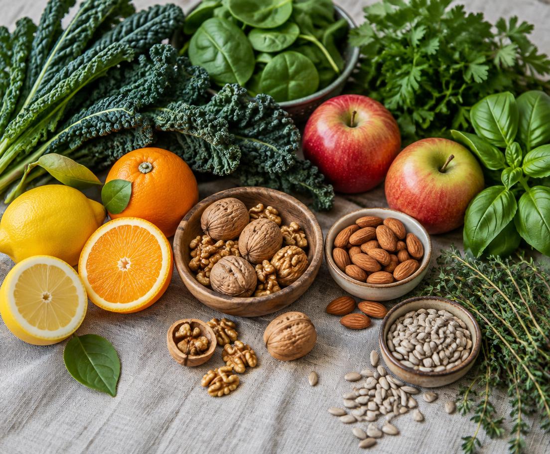 Leafy greens, citrus, apples, nuts, seeds, and herbs arranged on linen