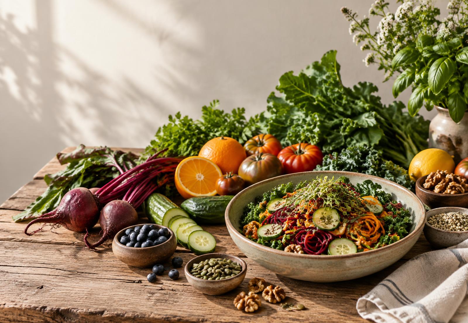 Fresh greens, beets, citrus, seeds, and a colorful raw vegetable bowl on a wooden table